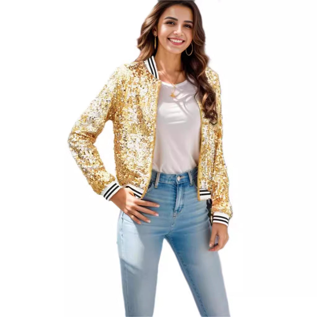 Damen Glitzer-Bomberjacke Sportliche Streifen Pailletten