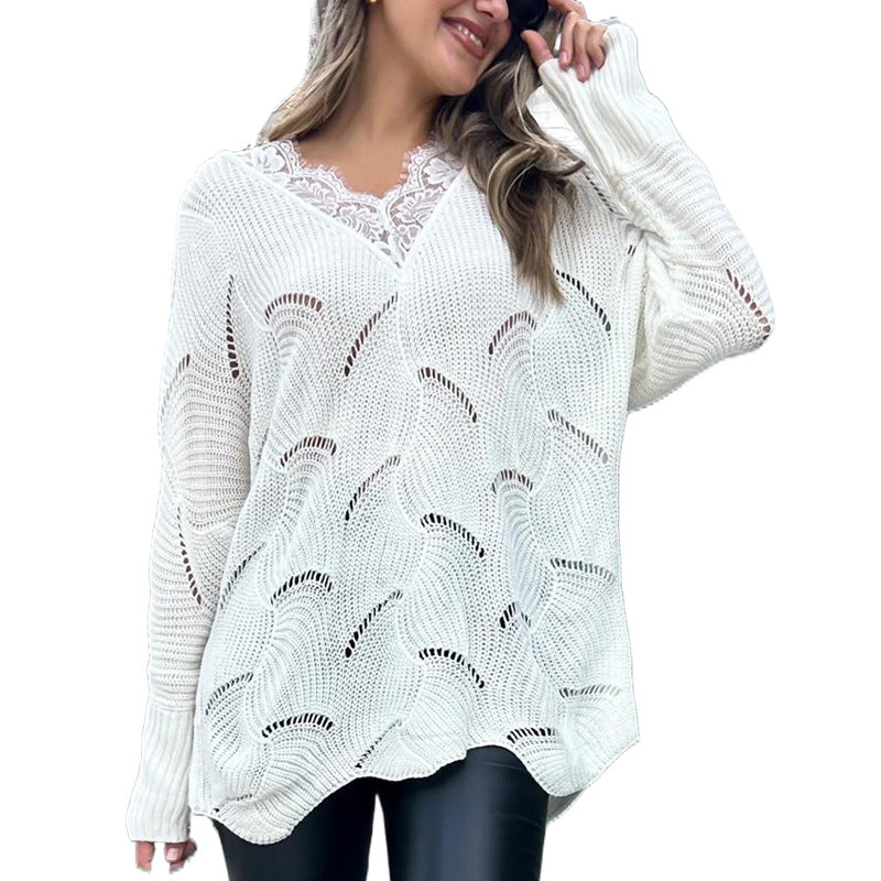 Damen Strickpullover V-Ausschnitt Filigran Lochmusterung Beige
