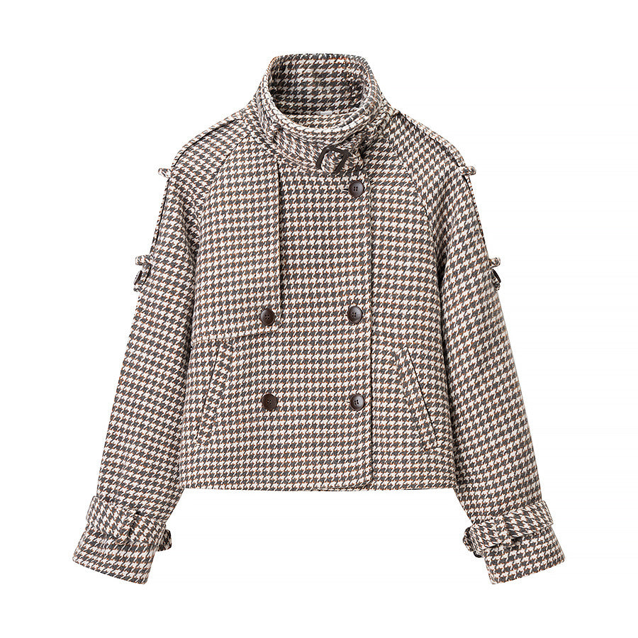 Damen Tweedjacke Doppelter Knopfverschluss Dekorative Details Beige