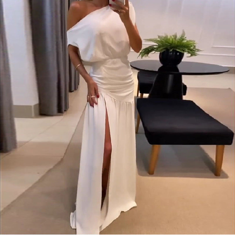 Damen Maxikleid Schulterfrei Fließend Hochschlitz