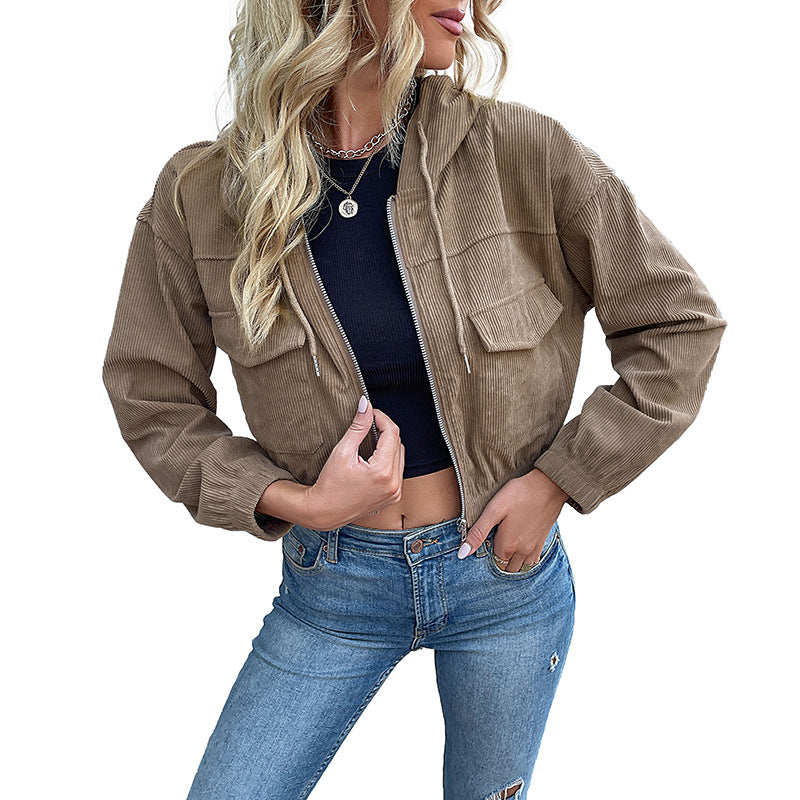 Damen Kurzjacke Cord mit Taschen und Kapuze Norvielle
