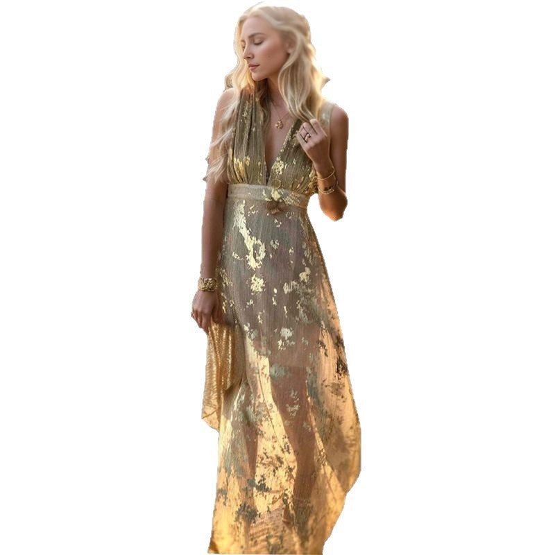 Damen Abendkleid Elegant Fließend Gold Akzente Tiefes V Dekolleté
