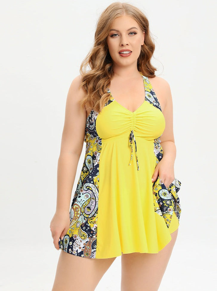 Norvielle Damen Badeanzugkleid Plus Size V-Ausschnitt mit Kreuzträgern