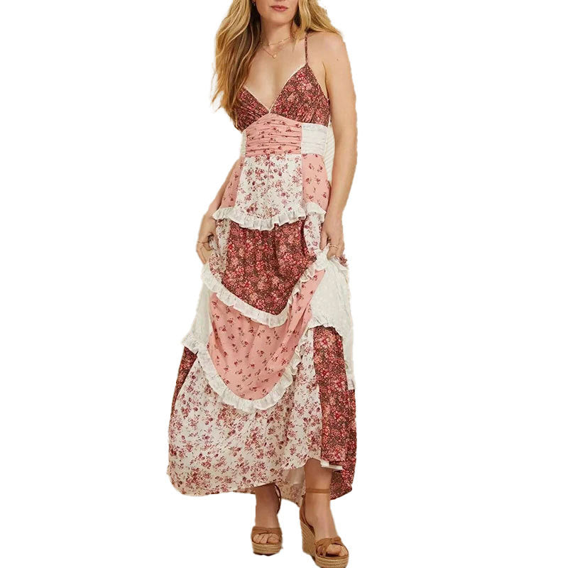 Damen Maxikleid mit Rüschen und Blumen-Patchwork-Design