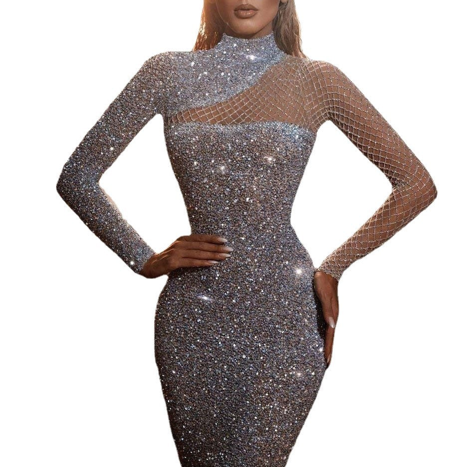 Damen Pailletten-Kleid Langarm Transparent Oberteil Norvielle