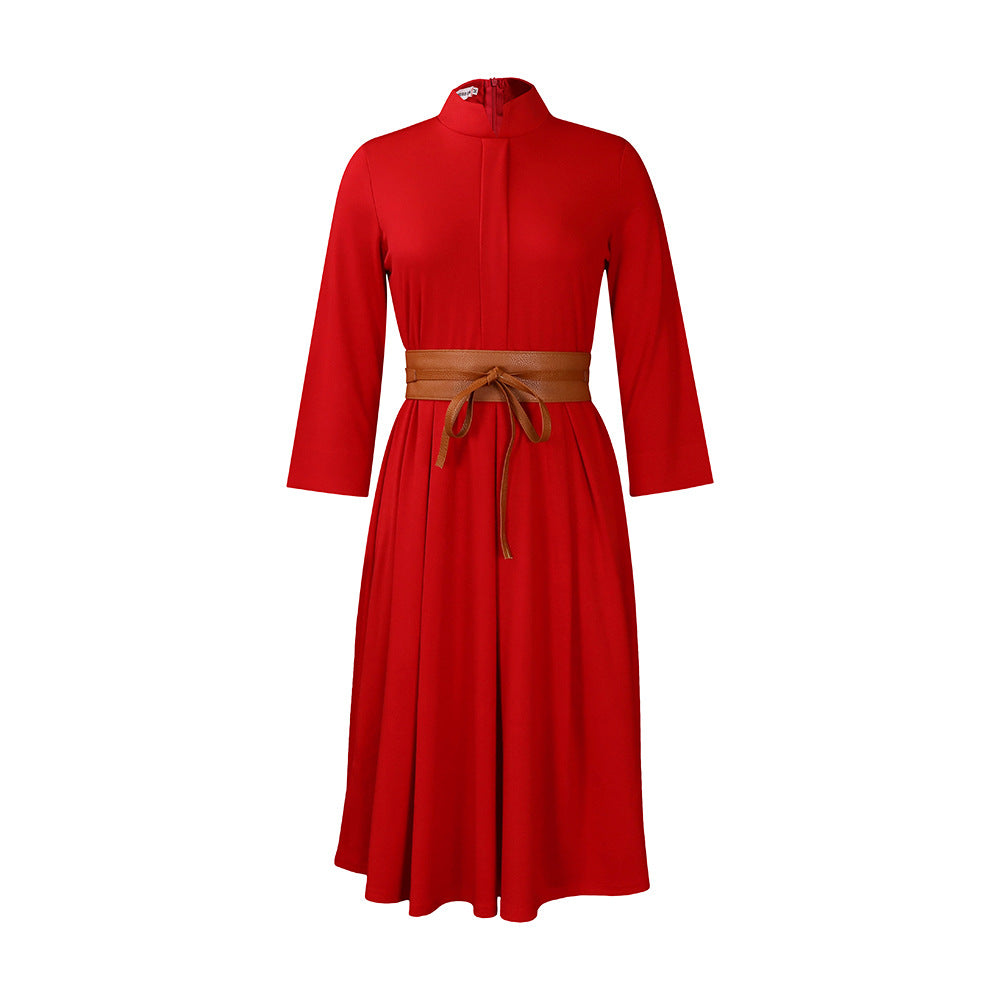 Damen Midikleid Stehkragen Abnehmbarer Gürtel Norvielle