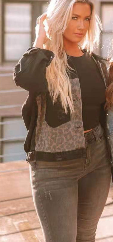 Damen Jeansjacke Kurz Leopard Muster