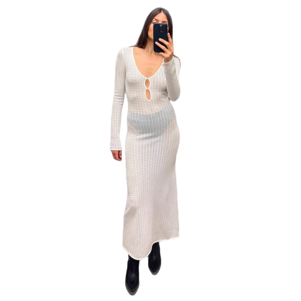 Damen Strickkleid Langärmlig Netzdesign