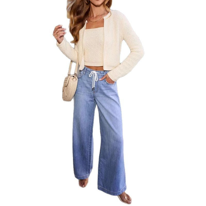 Damen Weite Jeanshose Verstellbarer Bund Washed-Effekt Norvielle