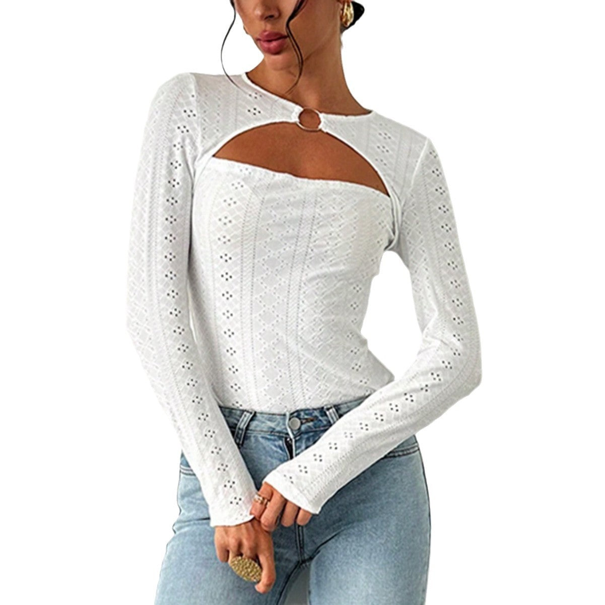 Damen Langarmshirt Baumwolle Dekorativ Cut-Out-Details Weiß