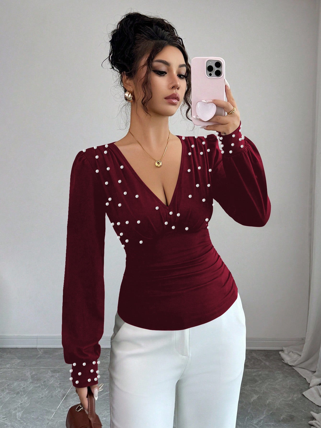 Damen Bluse V-Ausschnitt Verziert Norvielle