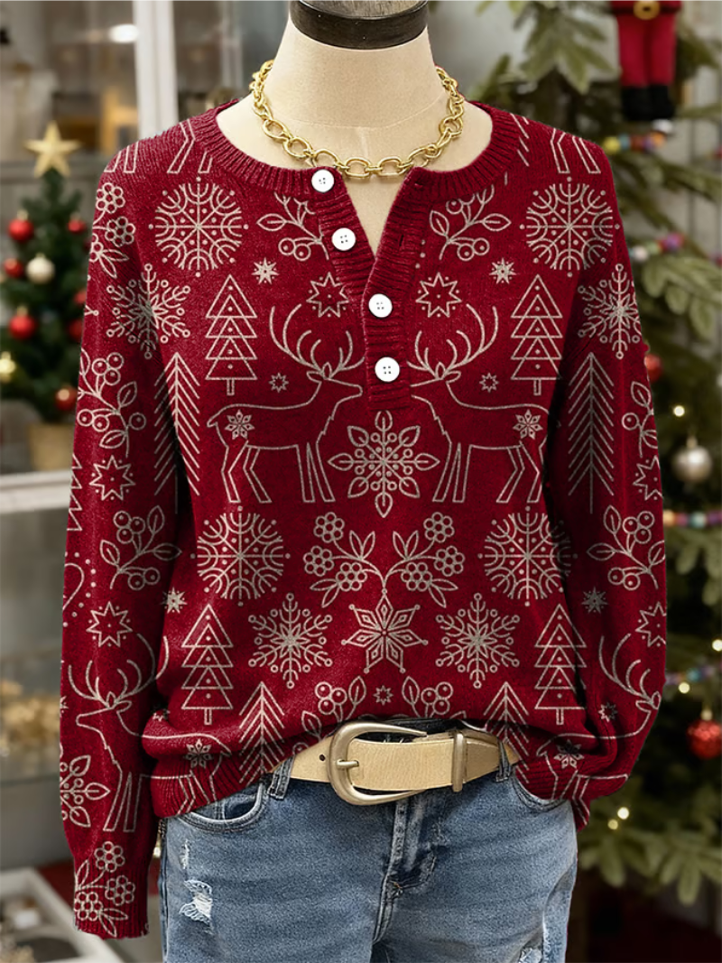 Weihnachtspullover Damen Rentier Schneeflocken Baumwolle Rot - Norvielle