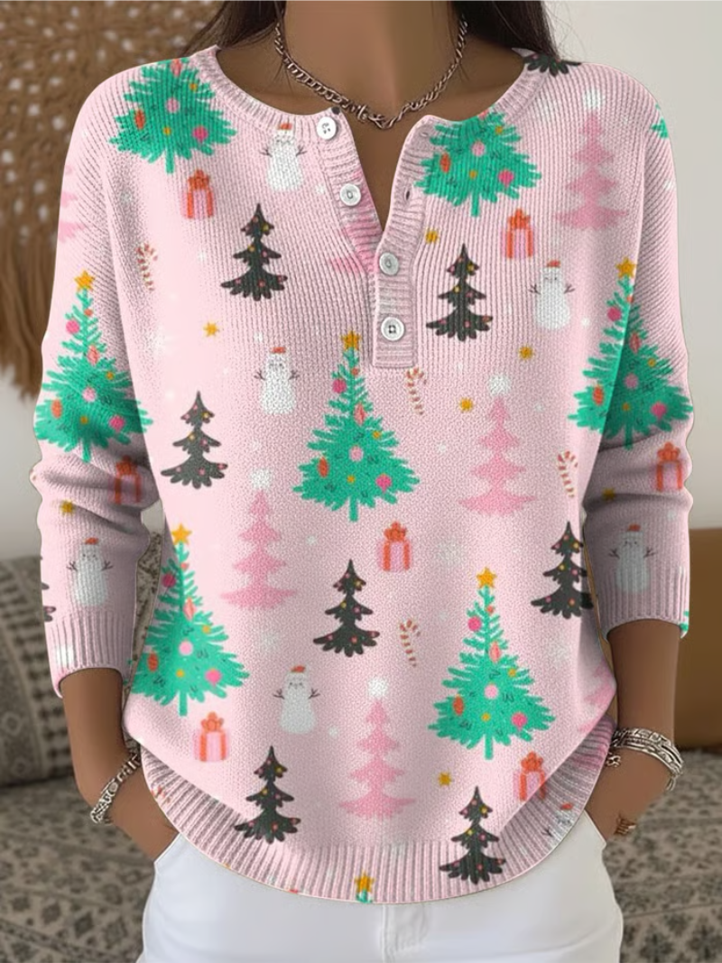 Damen Weihnachtsstrickpullover Weihnachtsbaumdruck Rot - Norvielle