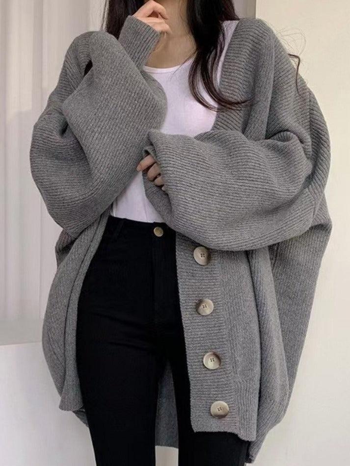 Damen Longcardigan mit Knöpfen Lockerer Strickcardigan Ballonärmel