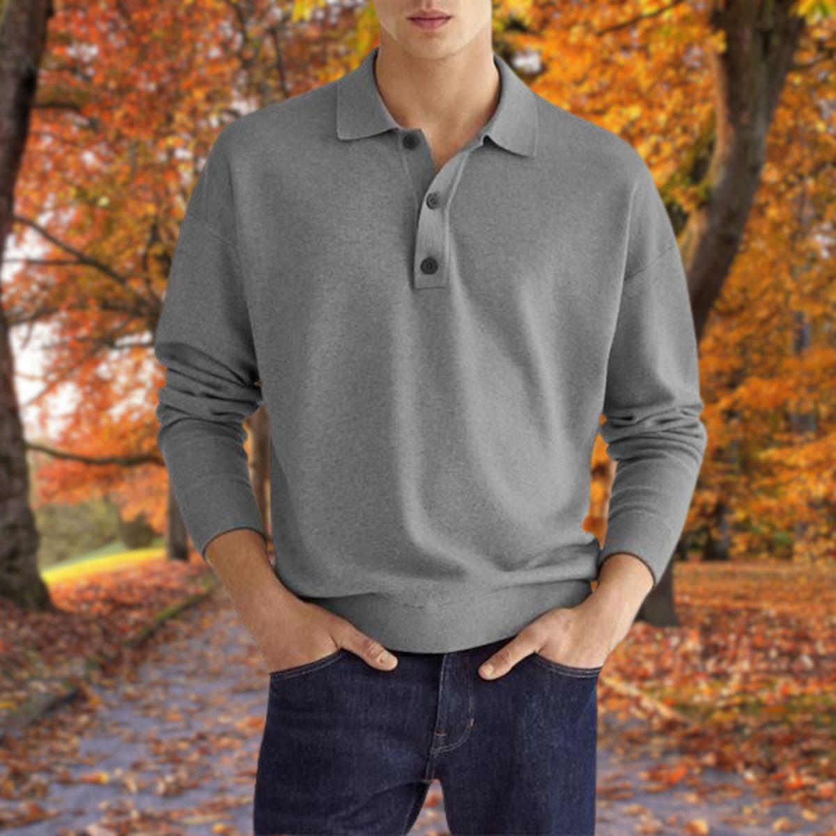 Polo-Pullover – Knopfleiste am Hals – Kragen – Pullover – Herrenpullover-Grau-S-Chaps Herrenmode