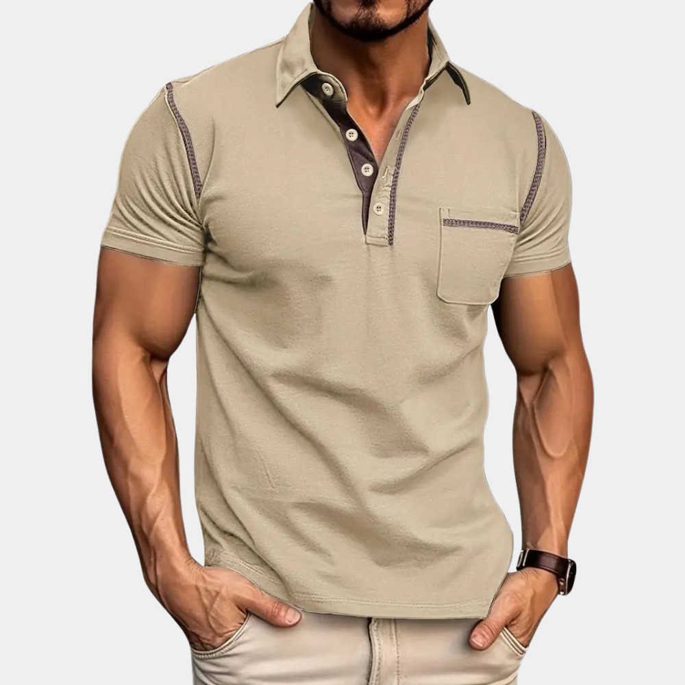 Polohemd - Revers - Brusttasche - Kurzarm-Polohemd - Polohemden für Männer-Khaki-S-Chaps Herrenmode