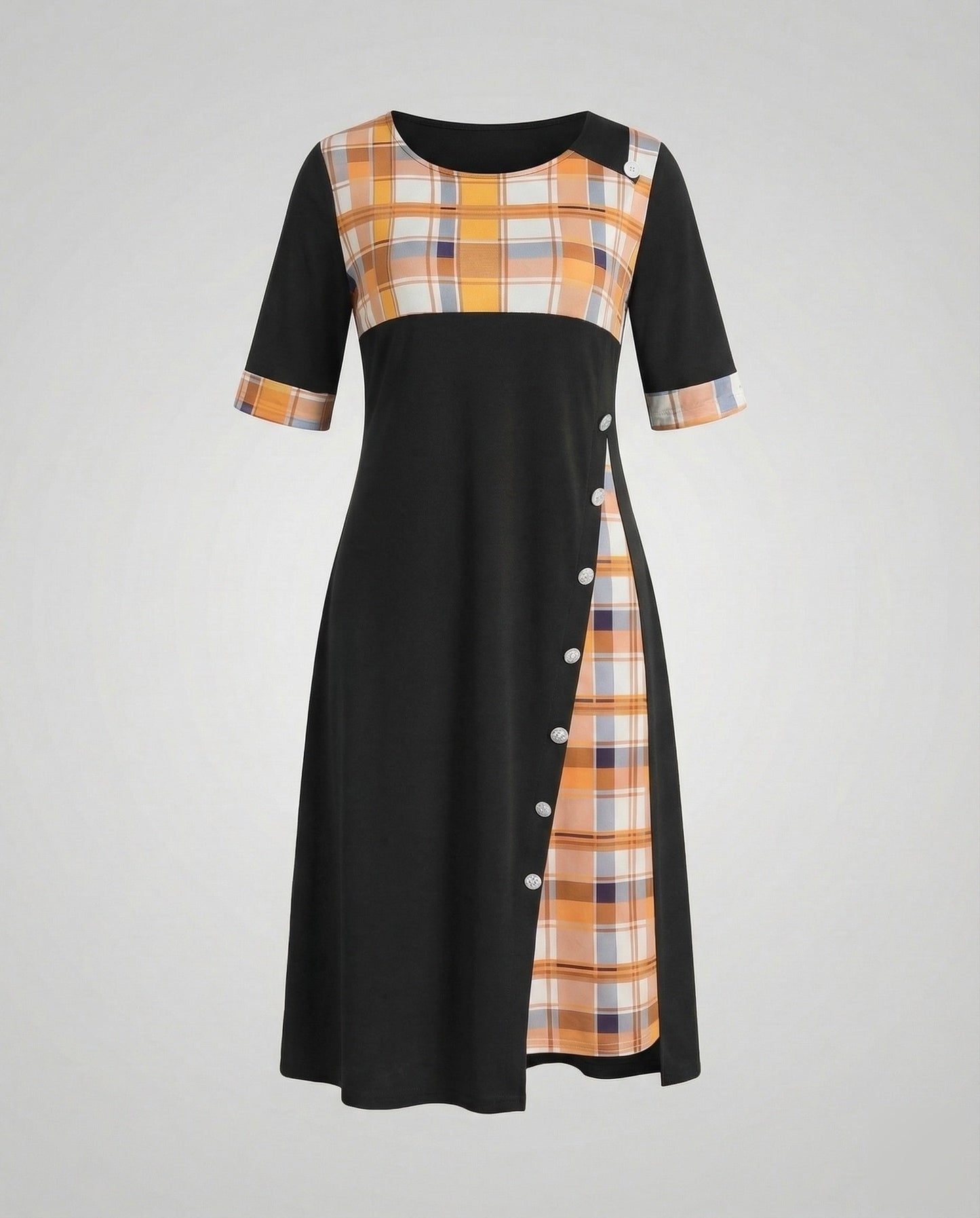 Damen Midikleid Kariert 3/4-Ärmel