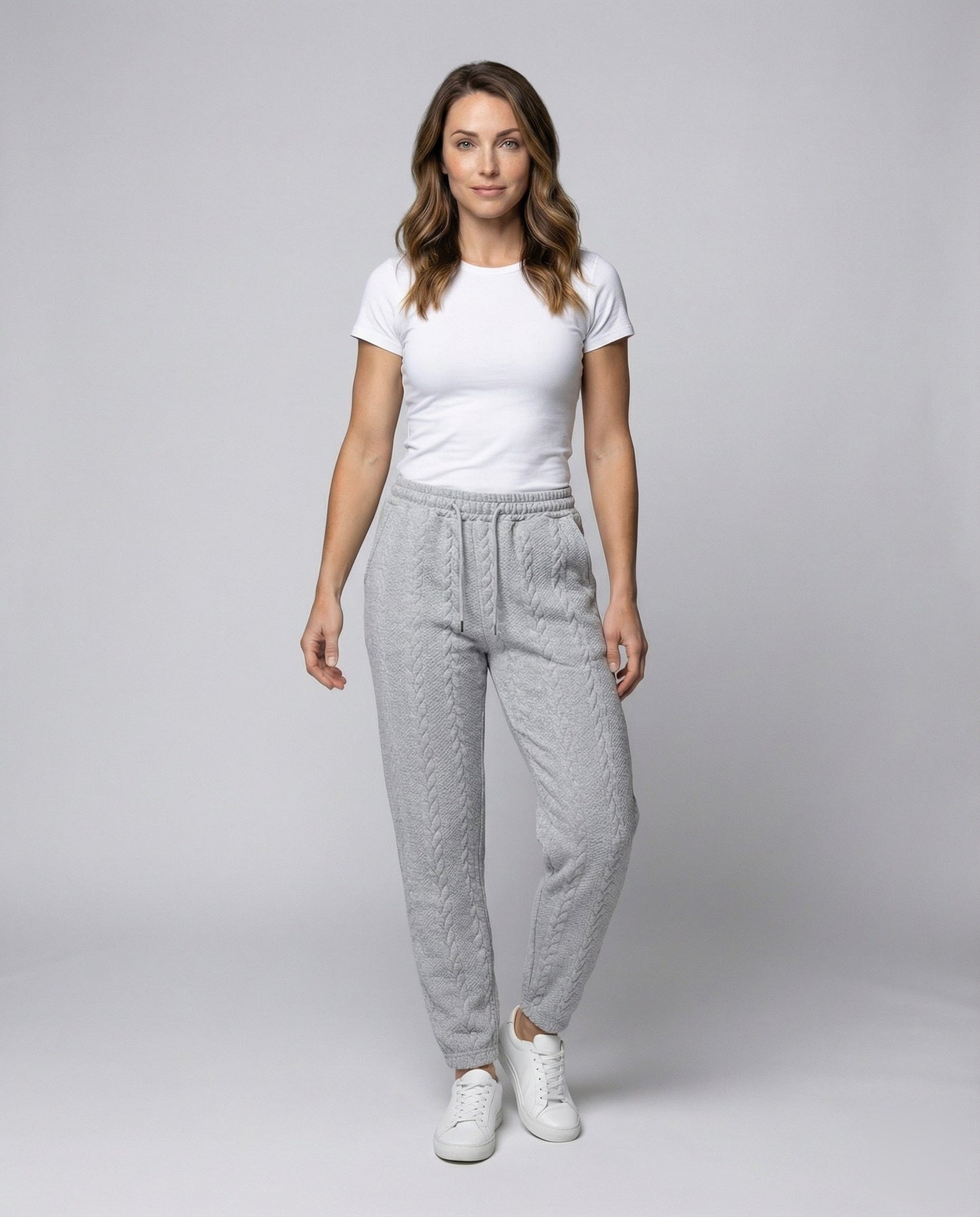 Damen Zopfstrick Loungehose Tunnelzug Grau