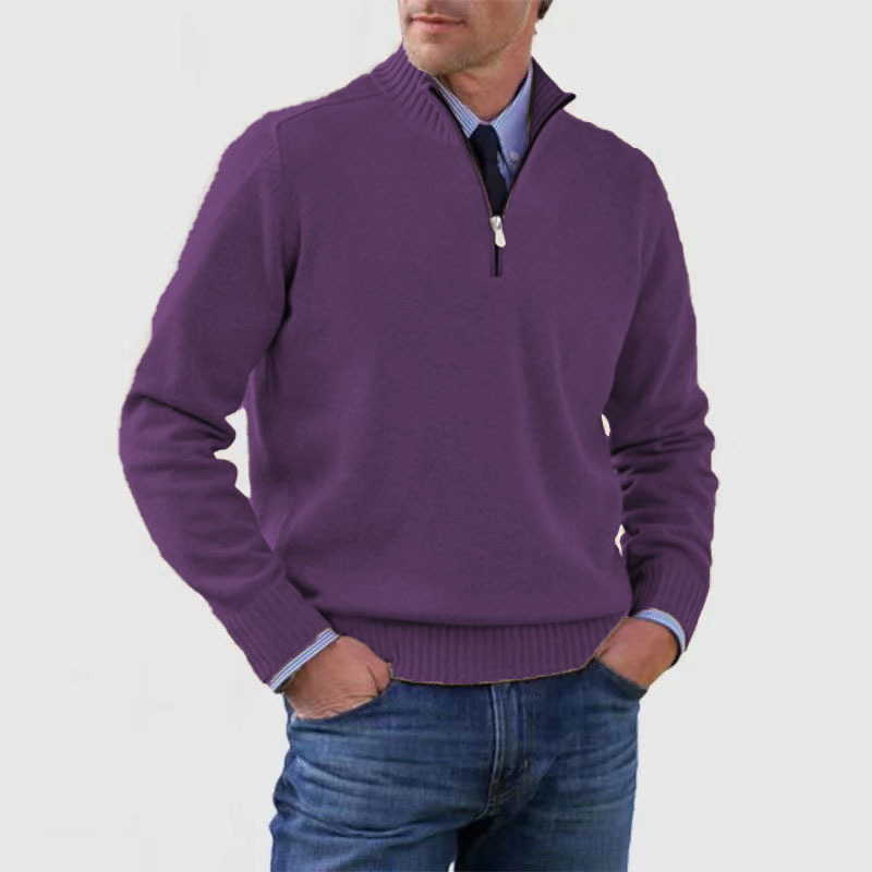 Pullover mit Viertelreißverschluss – Gestrickt – Pullover – Polopullover – Herrenpullover mit halbem Reißverschluss-Dunkelviolett-M-Chaps Herrenmode