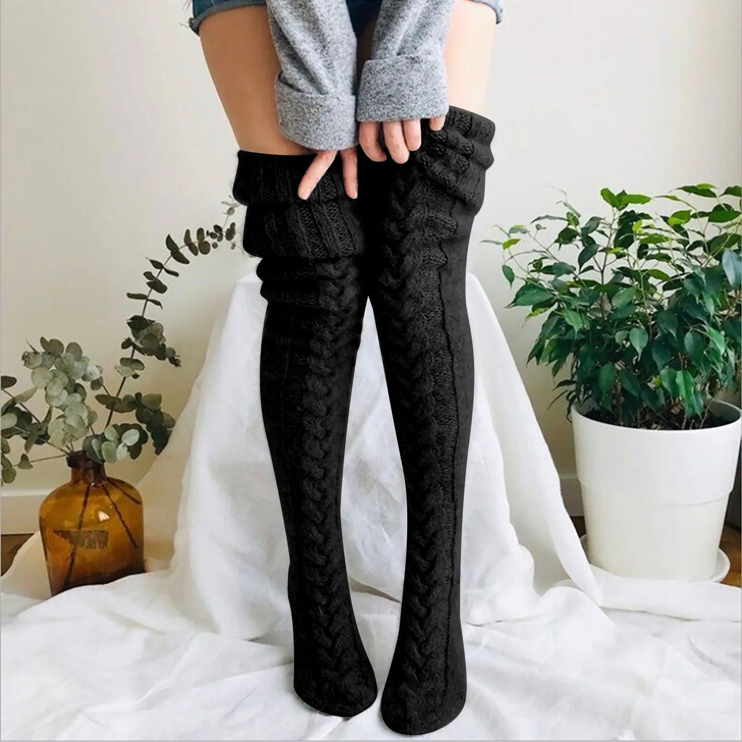 Damen Overknee Stricksocken Warm Weich Zopfmuster Beige