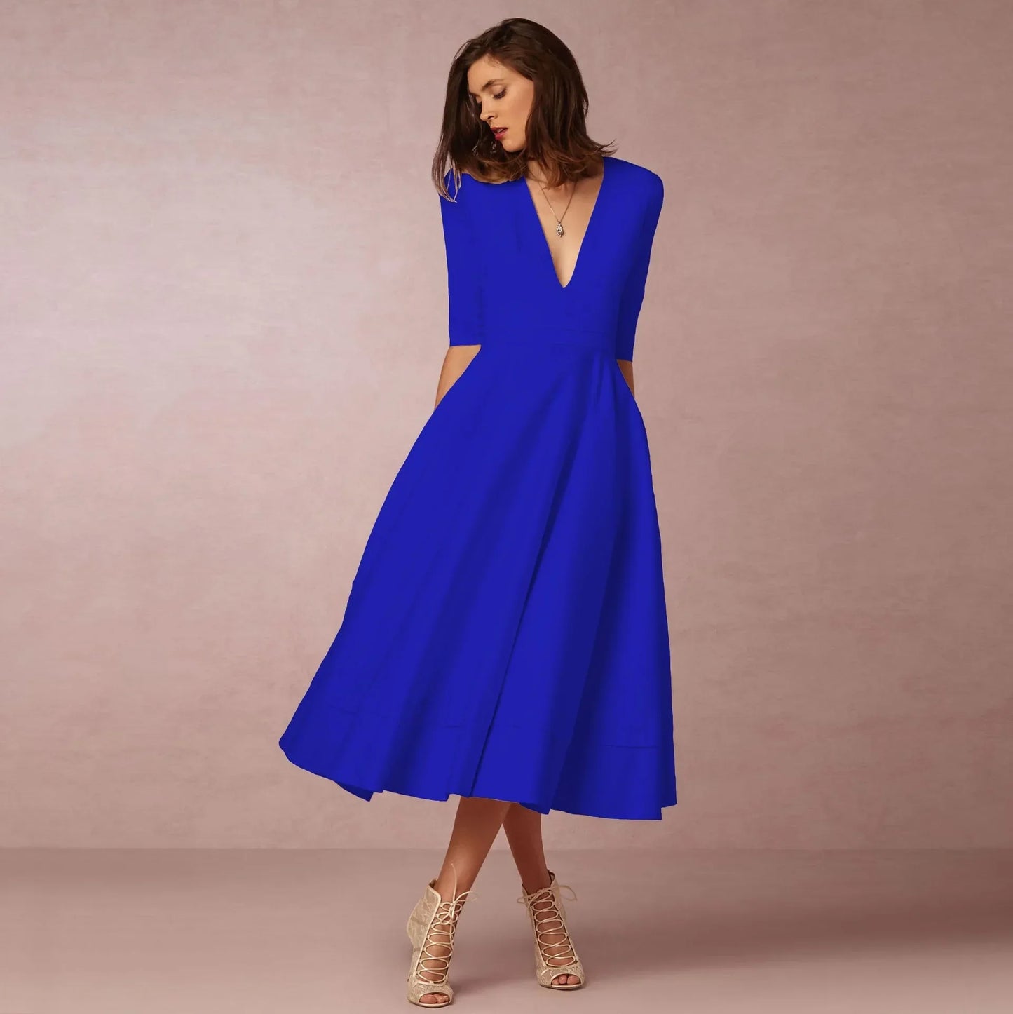 Damen Midi Hochzeitsgastkleid V-Ausschnitt
