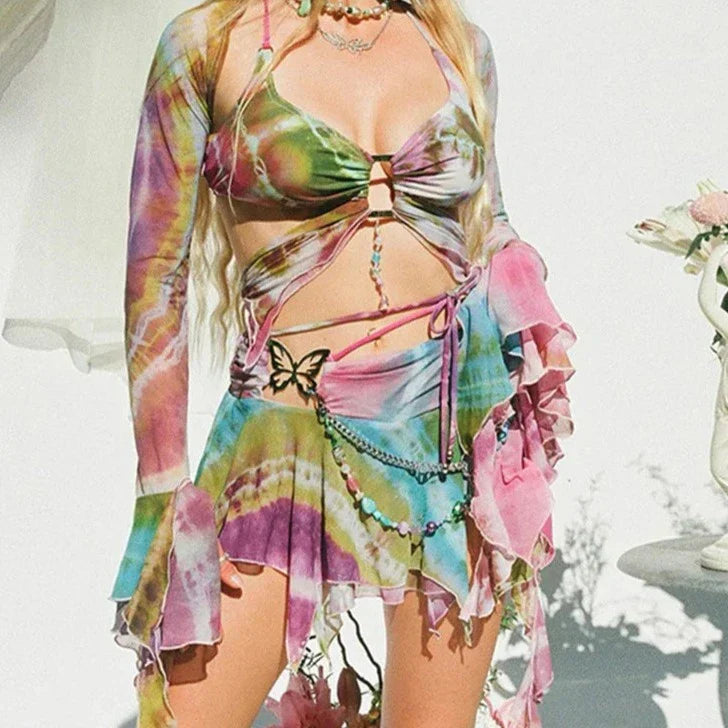 Norvielle Damen Mesh Crop und Minirock Set Tie Dye