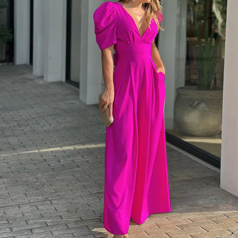 Norvielle Damen Jumpsuit Puffärmel Elegent