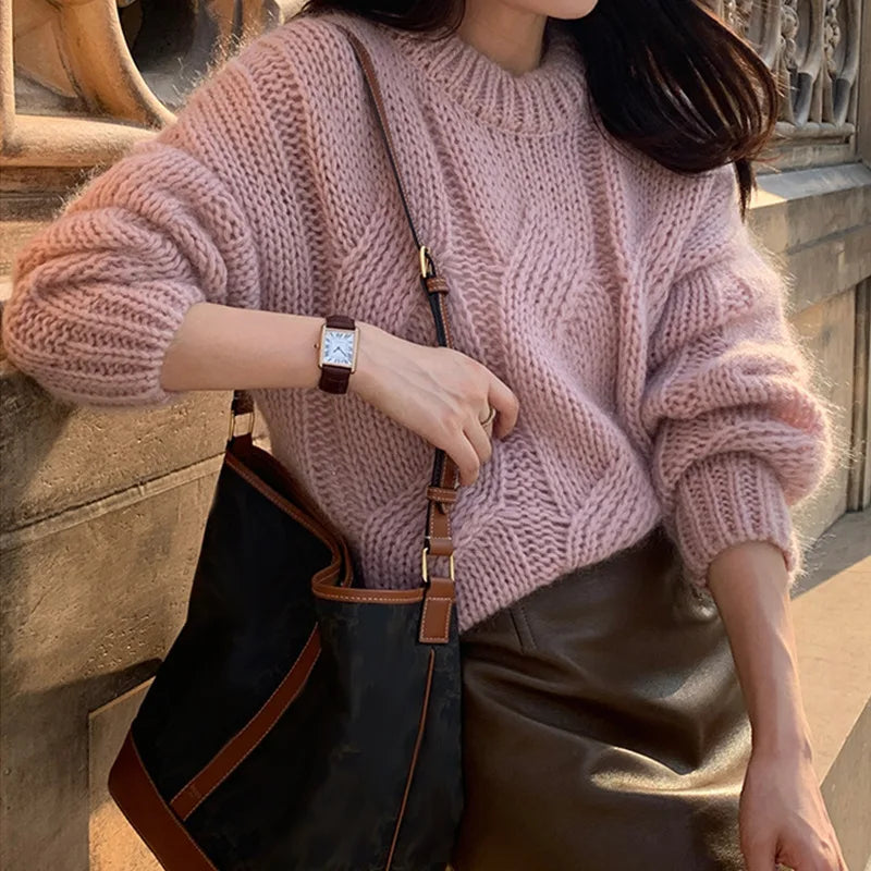Norvielle Damen Oversized Wollpullover Zopfmuster Langarm