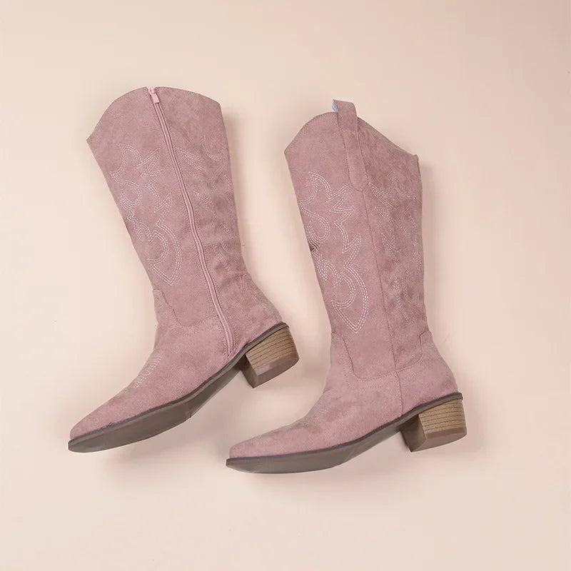 Damen Cowboy Stiefel Wildleder Bestickt Mittlerer Schaft Niedriger