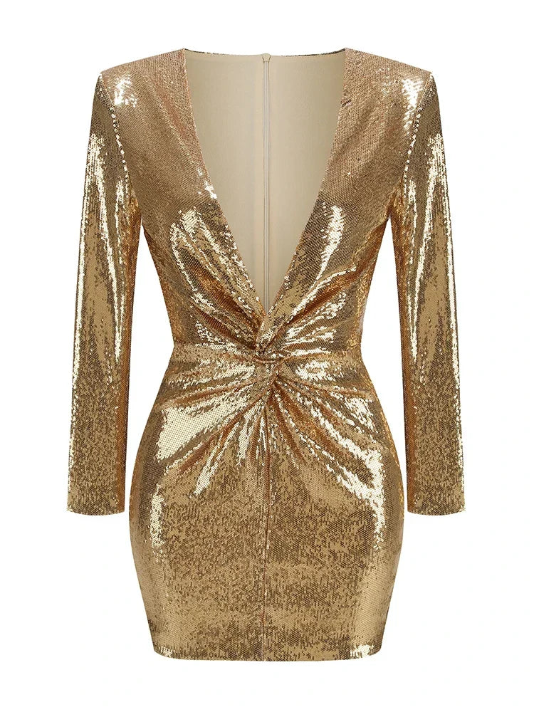 Damen Paillettenkleid Langärmlig Plissee Mini