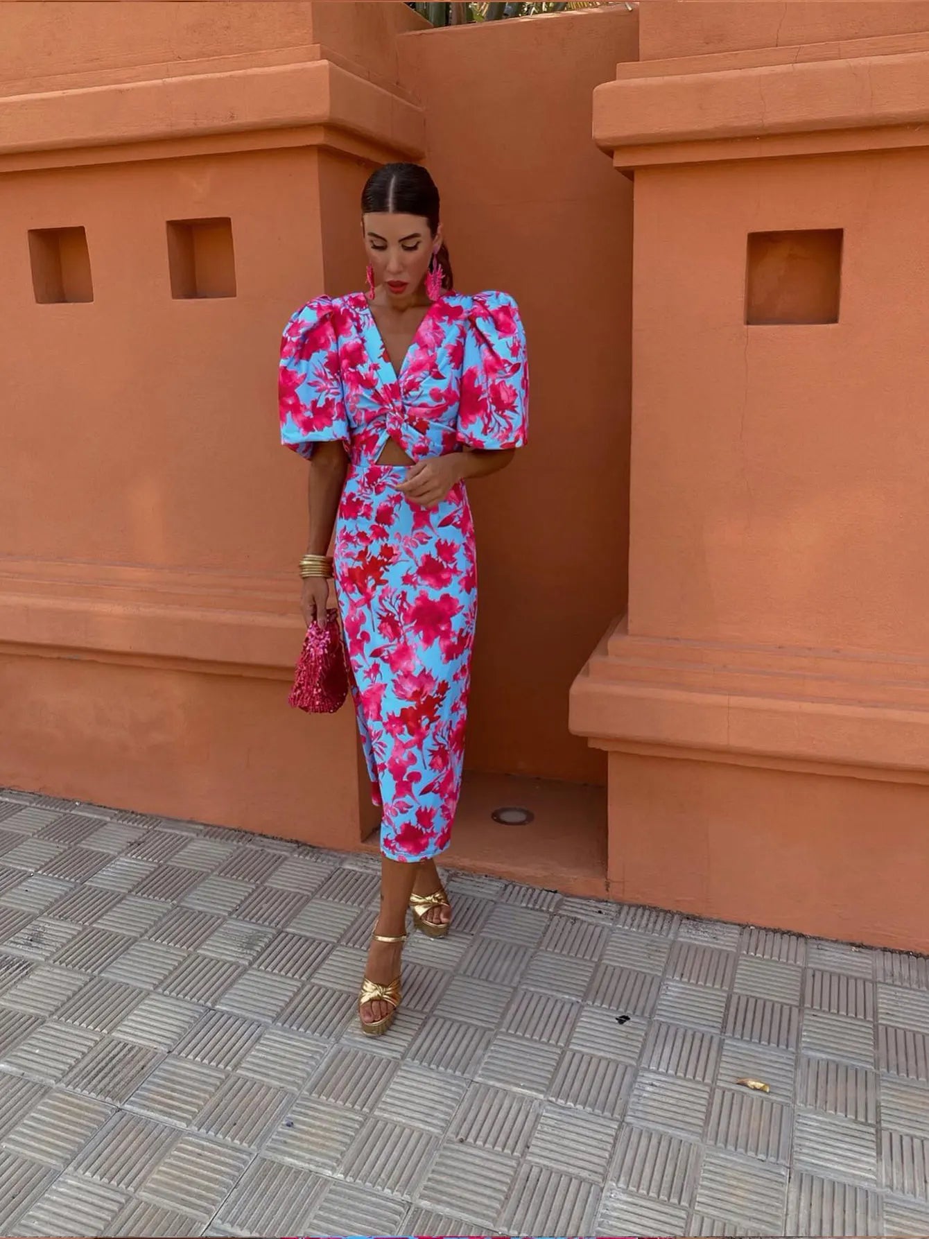 Damen Sommerkleid Bedruckt Midi Puffärmel