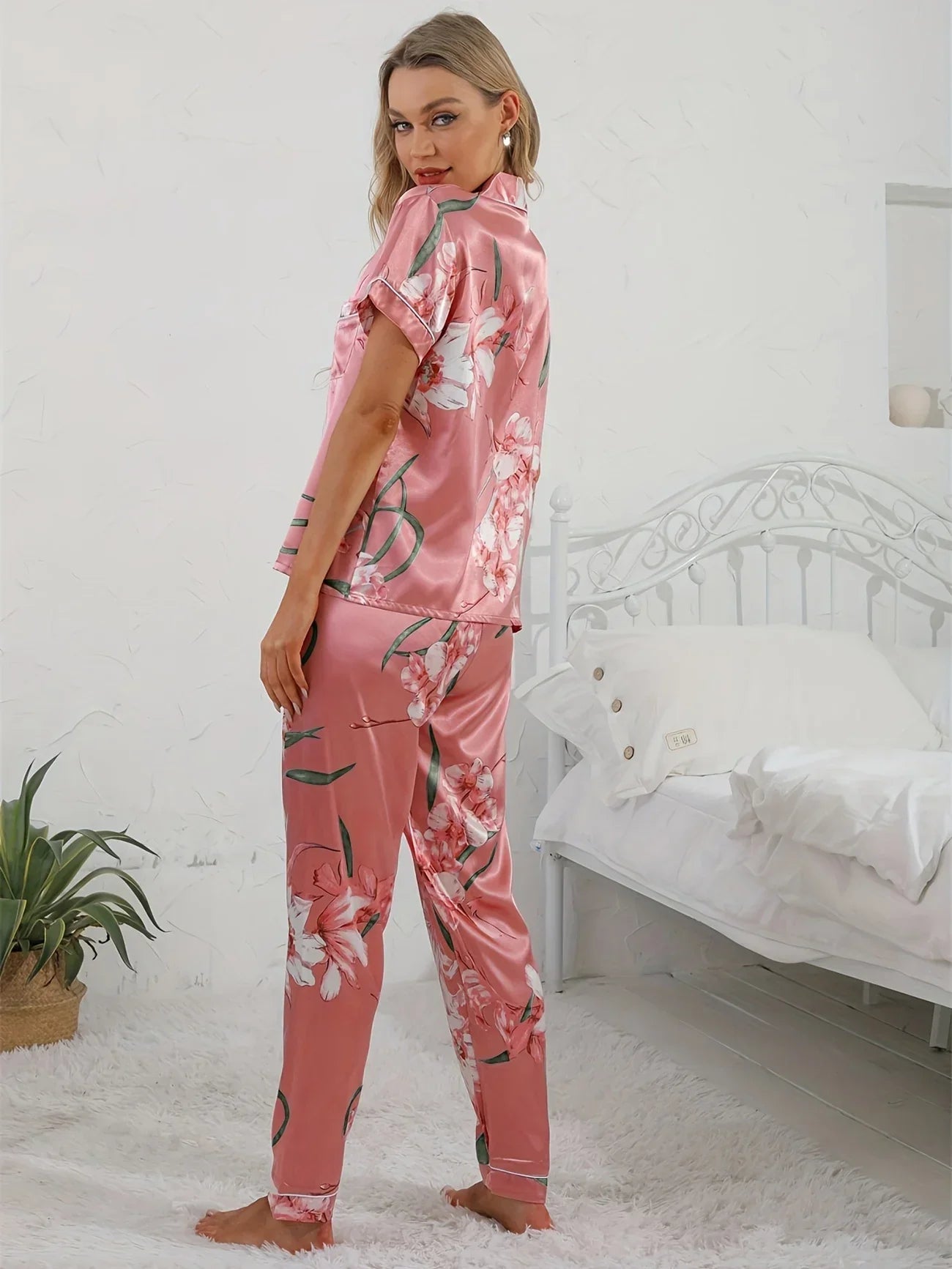 Damen Pyjama Set Rosa Blumenmuster Zweiteiler