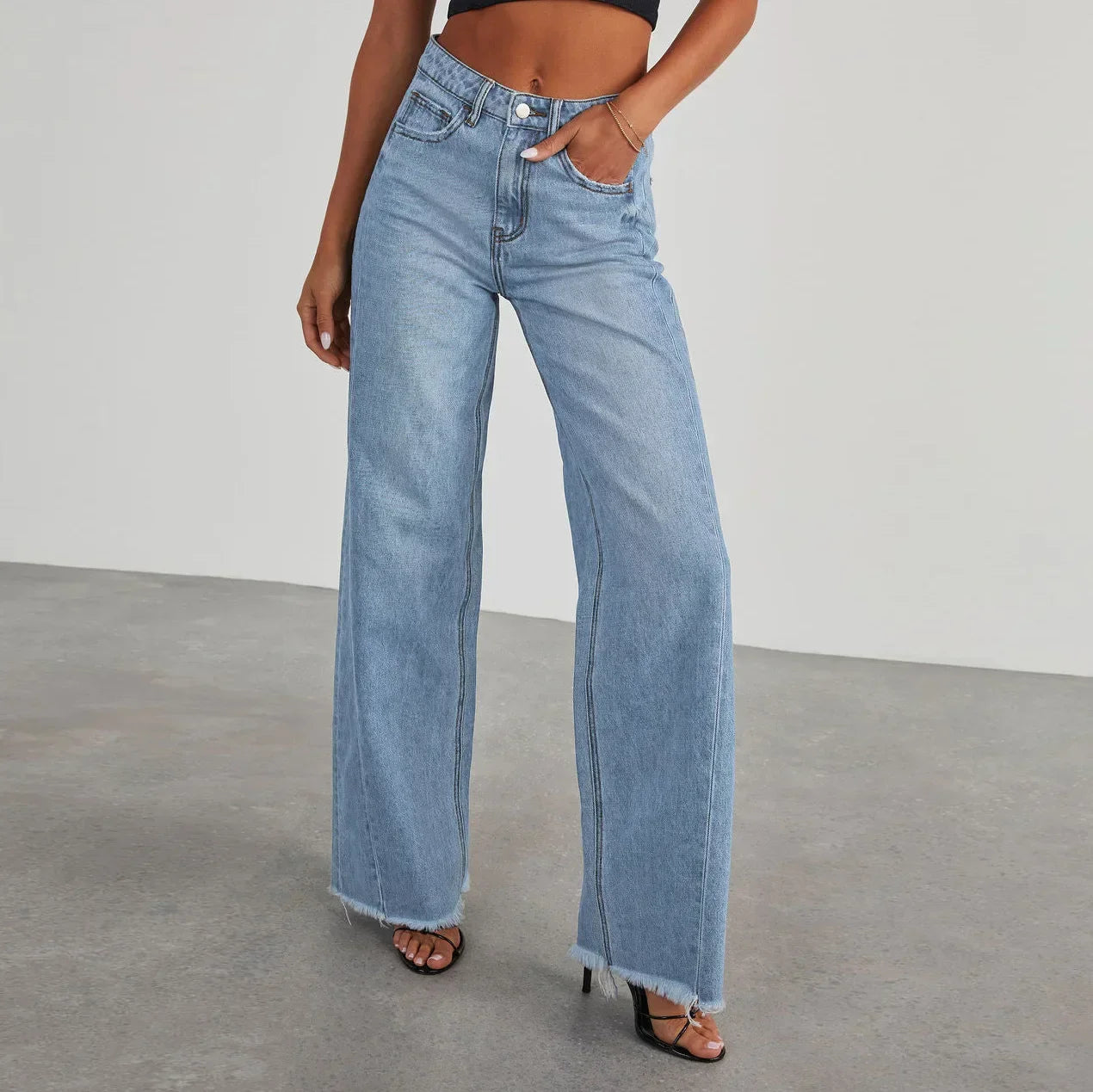 Damen Weitbein Jeans Grau Raw Hem