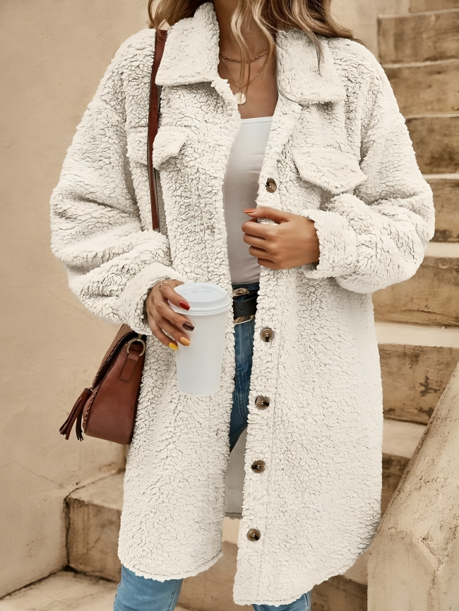 Damen Teddy Mantel mit Knöpfen und Taschen