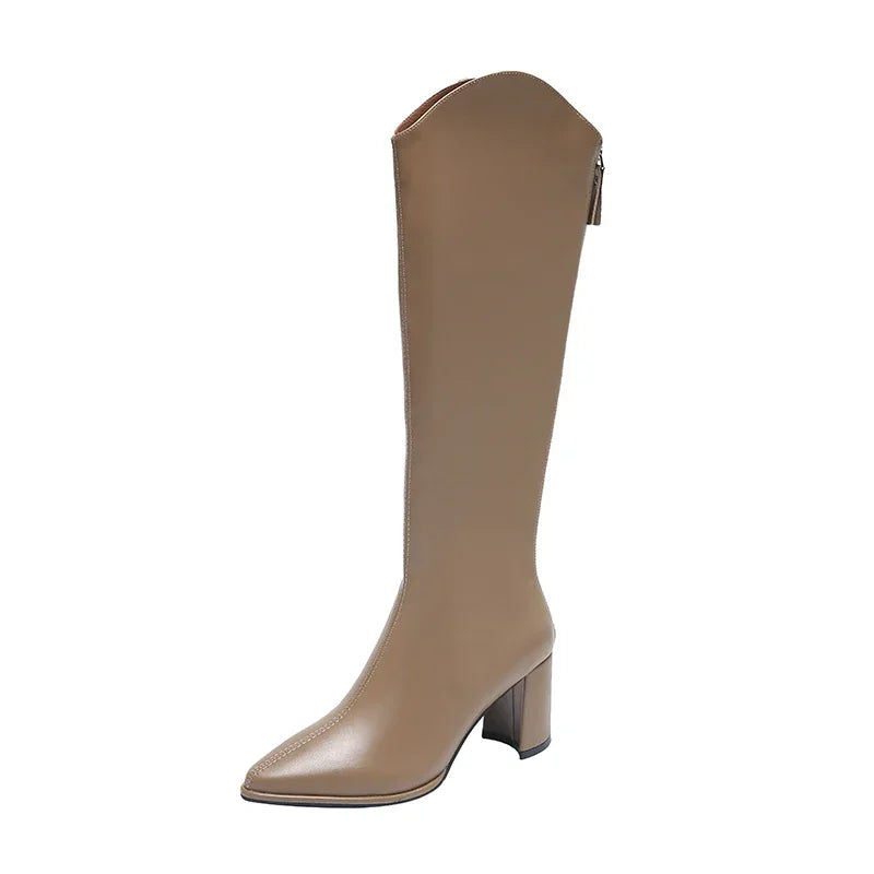 Damen Stiefel Knee High mit Reißverschluss Blockabsatz
