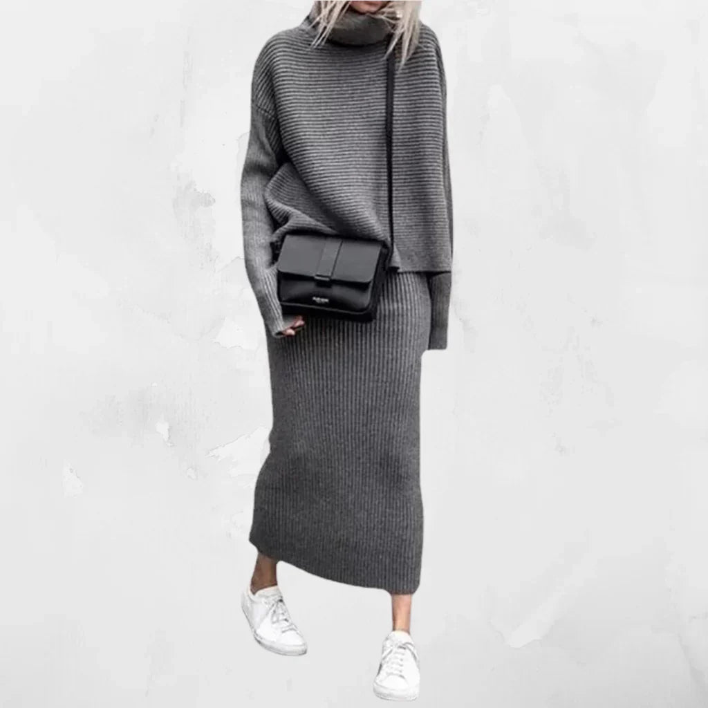 Damen Rippen-Strickpullover Rollkragen mit Rock-Set
