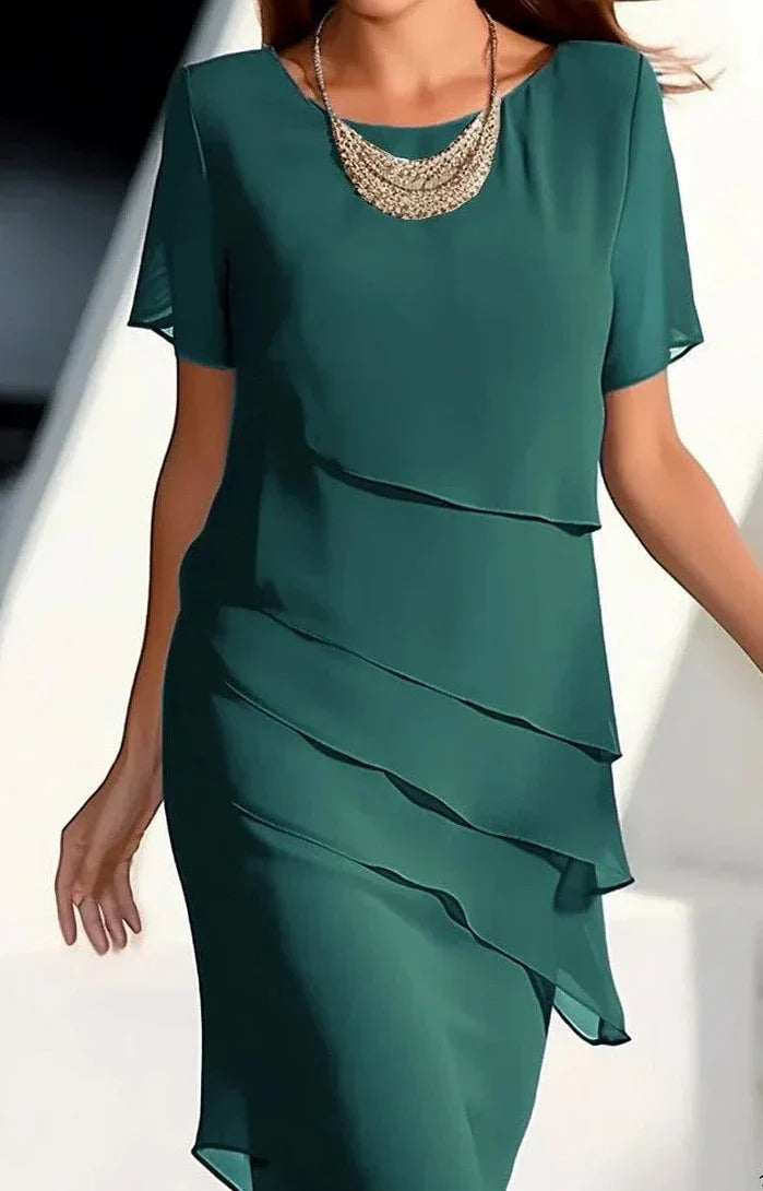 Damen Midikleid Rundhals Volantärmel Tailliert