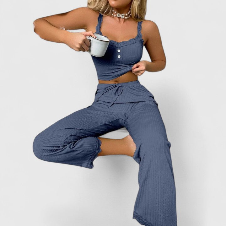 Damen Pyjama-Set Gerippt Spitzenbesatz