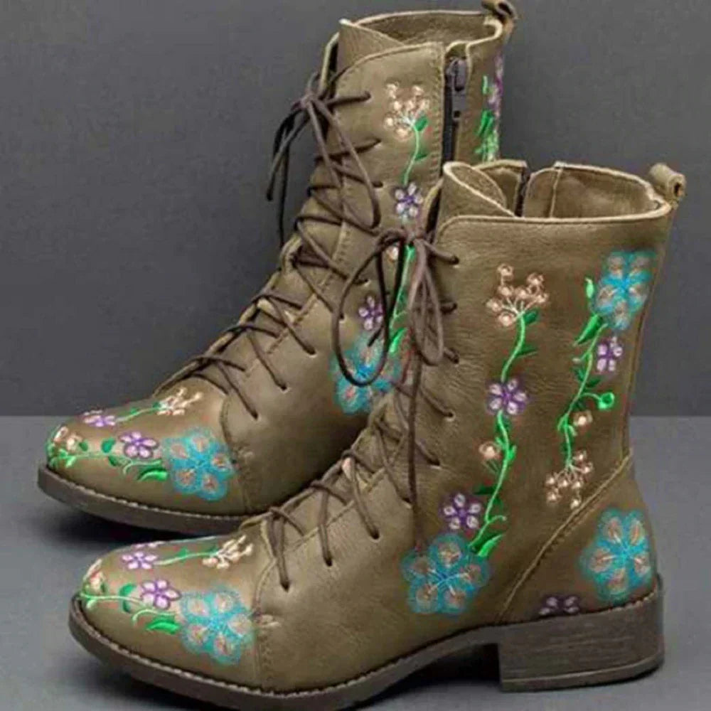Norvielle Damen Retro-Stiefel Ethnisches Design Stickerei