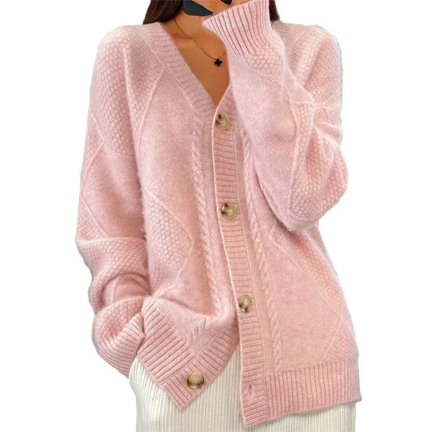 Damen Strick-Cardigan V-Ausschnitt Knopfleiste Beige