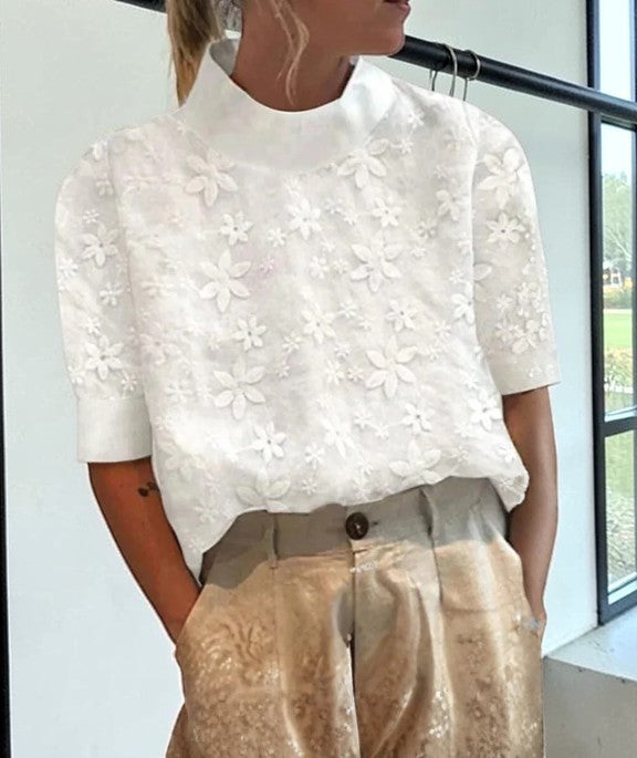 Damen Kurzarm- Blumenmuster Stehkragen
