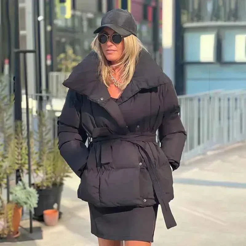 Damen Winterpufferjacke Gürtel Dicker Wattierung Großer Kragen