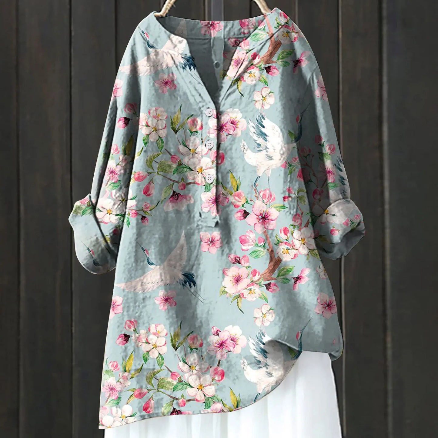 Damen Blumenbluse V-Ausschnitt Knopfleiste Leicht Sommer