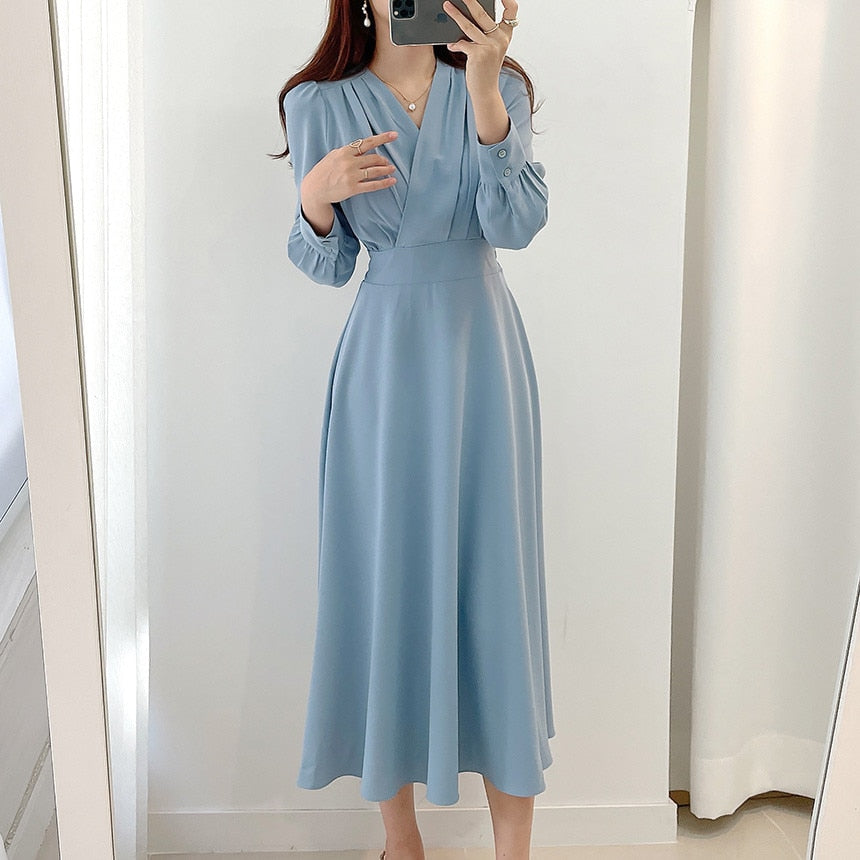 Elegantes Damenkleid mit Puffärmeln V-Ausschnitt A-Linie