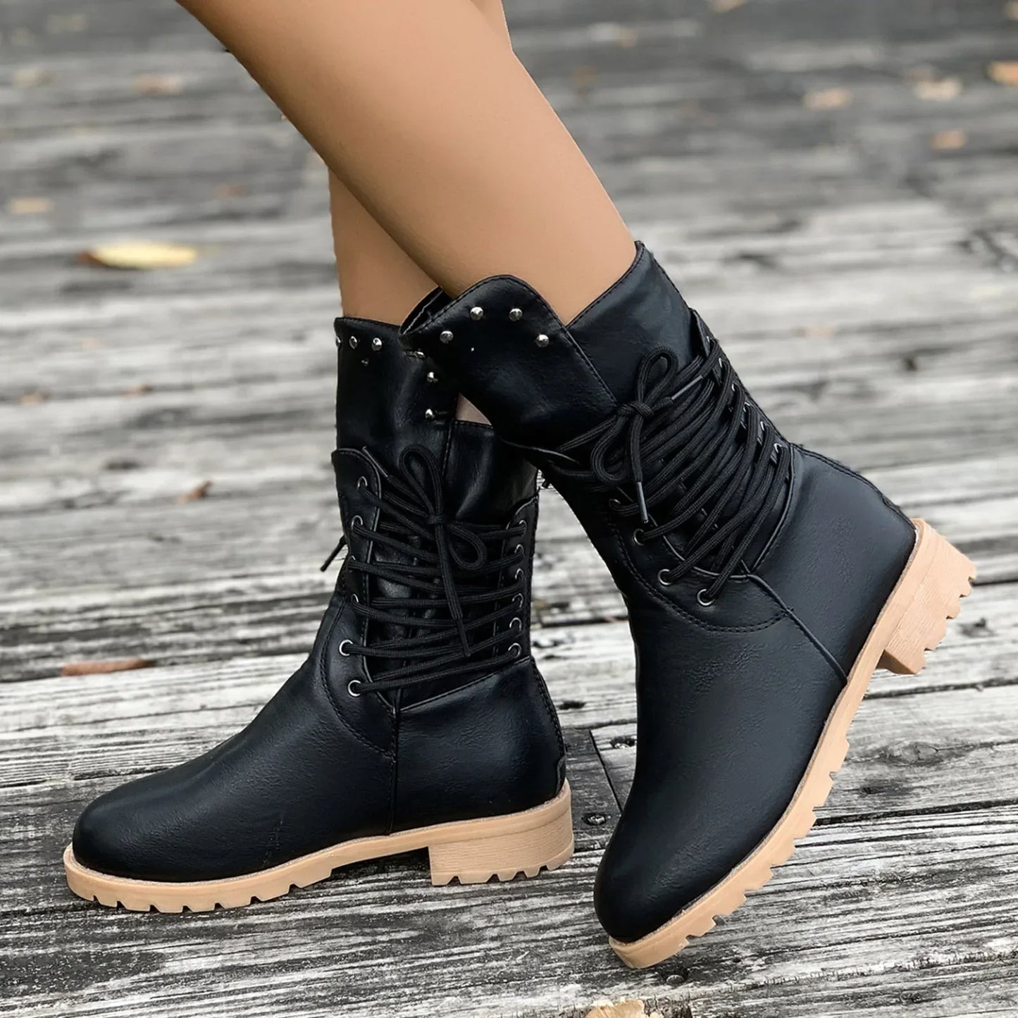 Ravena Damen Schnürstiefel Robust Nieten Profilsohle
