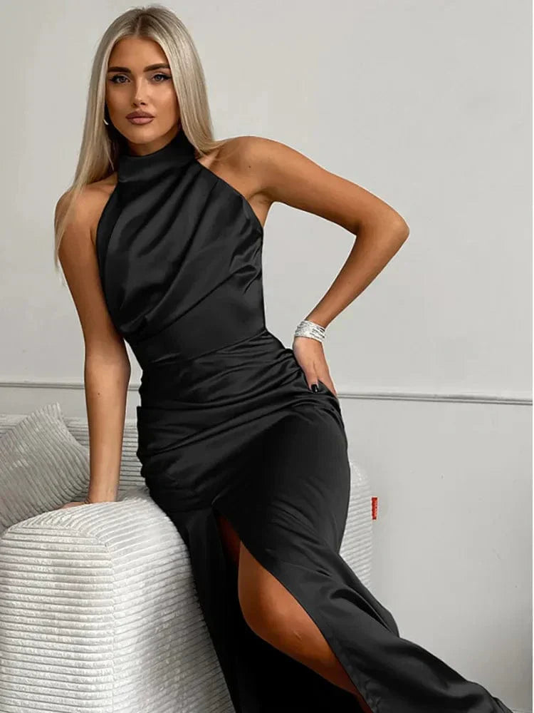 Ylva Damen Satin-Kleid mit Beinschlitz