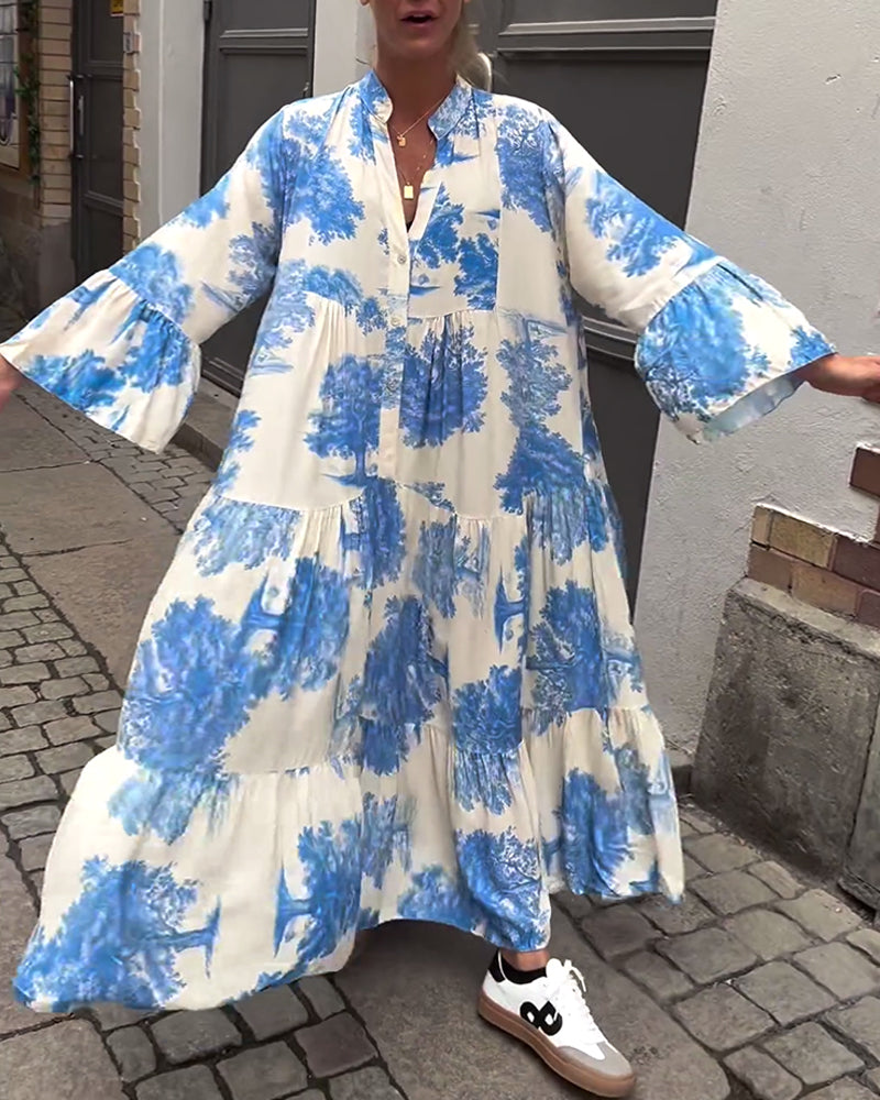 Damen Maxi-Kleid mit Blumenprint Volantärmeln Stehkragen Leicht