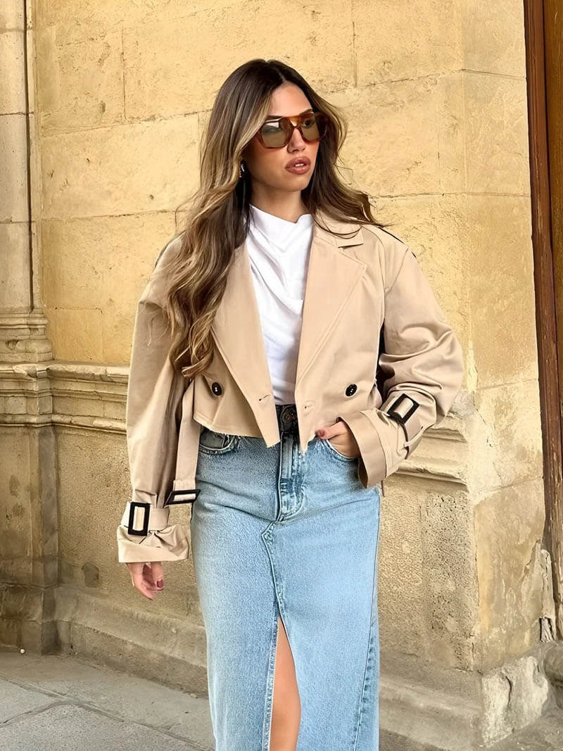 Damen Trenchcoat Cropped Doppelreiher Gürtel Beige