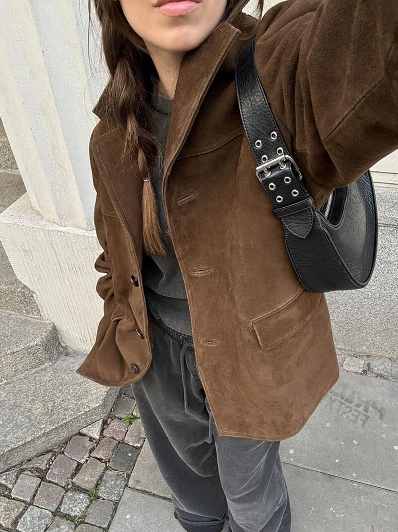 Damen Kunstwildlederjacke Eleganter Blazer Moderner Schnitt