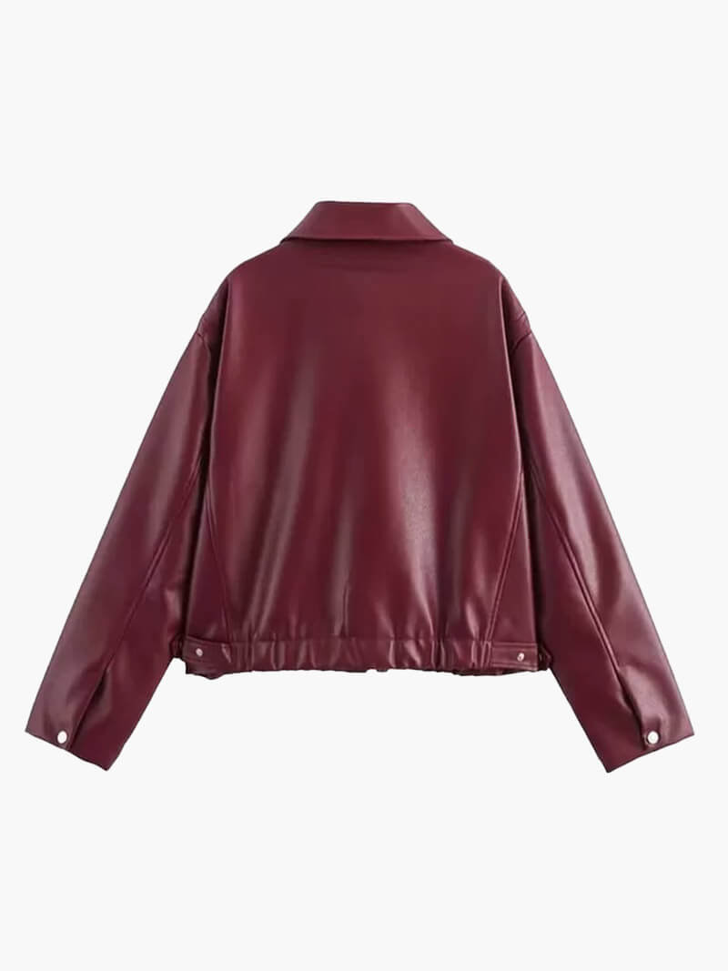 Ophira Damen Oversize Kunstlederjacke Reißverschluss Burgunderrot